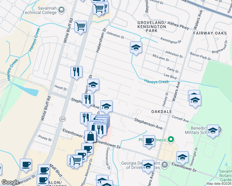 map of restaurants, bars, coffee shops, grocery stores, and more near 309 Megan Court in Savannah