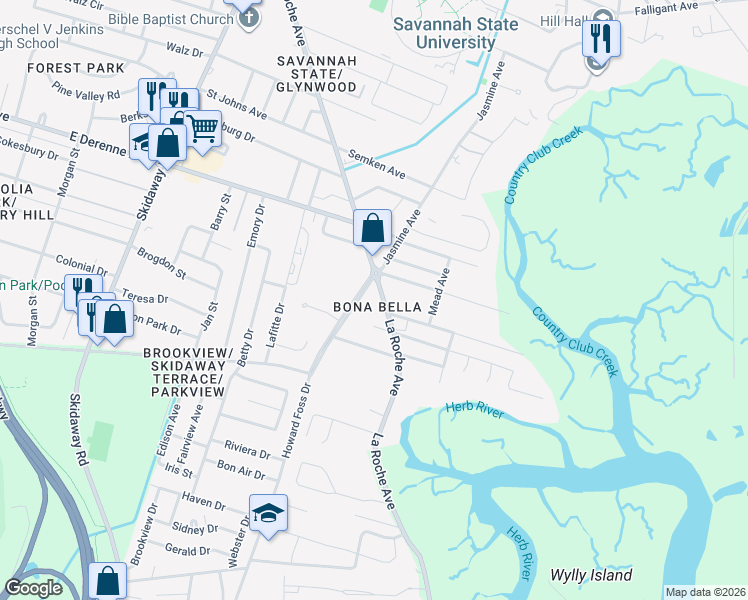 map of restaurants, bars, coffee shops, grocery stores, and more near 5431 La Roche Avenue in Savannah