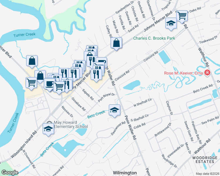 map of restaurants, bars, coffee shops, grocery stores, and more near 103 Penn Waller Cove in Wilmington Island