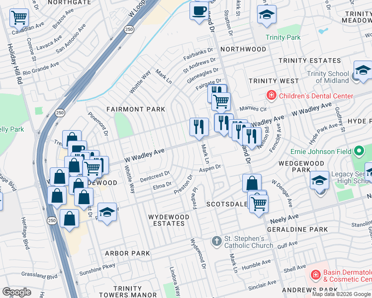 map of restaurants, bars, coffee shops, grocery stores, and more near 3237 Preston Drive in Midland