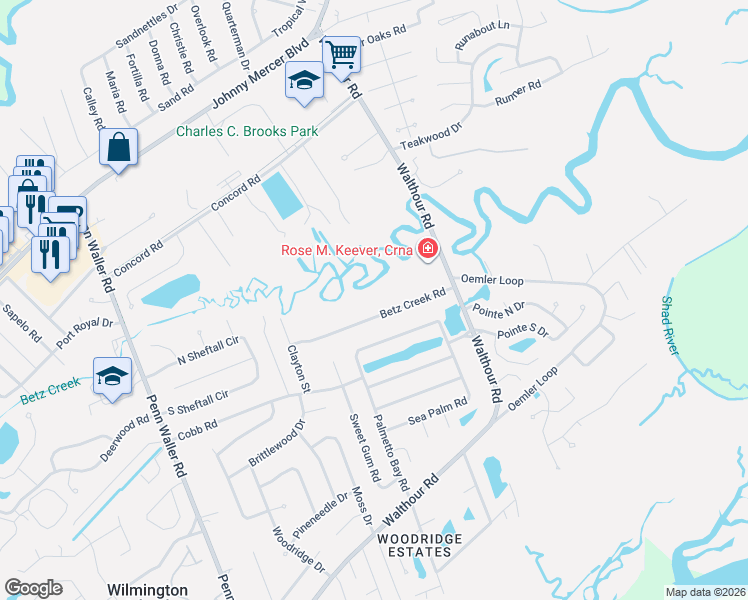 map of restaurants, bars, coffee shops, grocery stores, and more near 805 Betz Creek Road in Savannah
