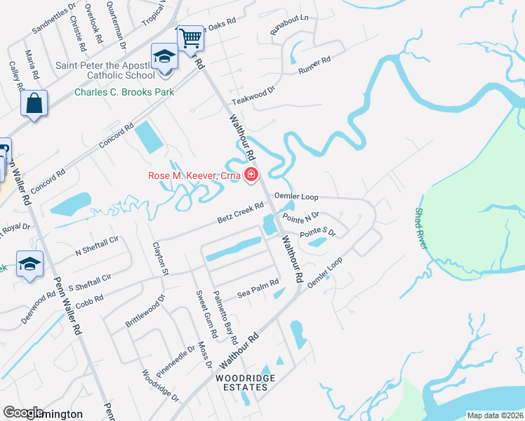 map of restaurants, bars, coffee shops, grocery stores, and more near 704 Betz Creek Road in Savannah