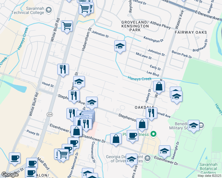 map of restaurants, bars, coffee shops, grocery stores, and more near 406 Megan Court in Savannah