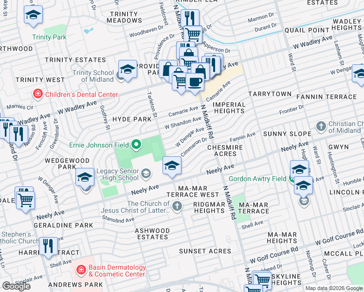 map of restaurants, bars, coffee shops, grocery stores, and more near 3323 West Dengar Avenue in Midland