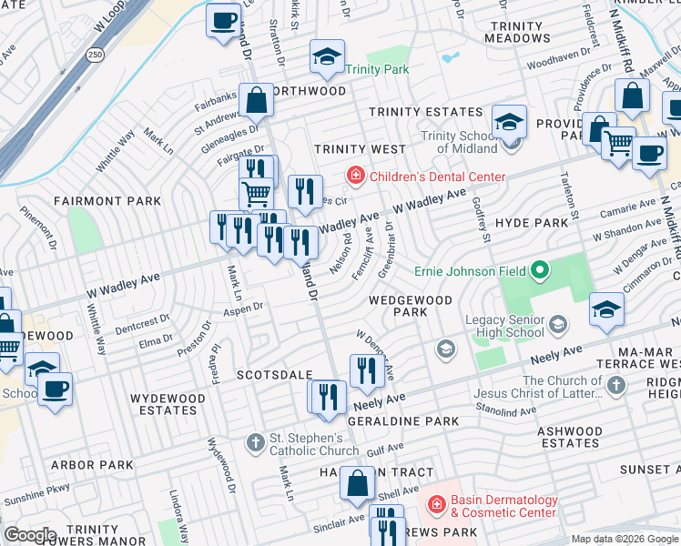 map of restaurants, bars, coffee shops, grocery stores, and more near 4305 Nelson Road in Midland