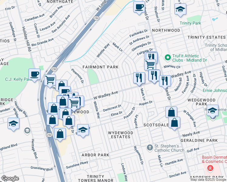 map of restaurants, bars, coffee shops, grocery stores, and more near 3301 Crestmont Drive in Midland