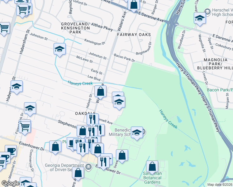 map of restaurants, bars, coffee shops, grocery stores, and more near 1130 Meridian Drive in Savannah