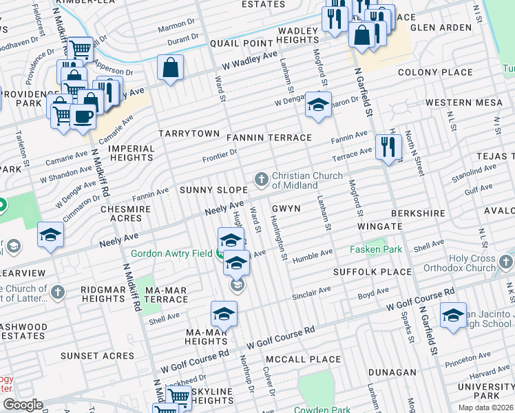 map of restaurants, bars, coffee shops, grocery stores, and more near 2212 Ward St in Midland