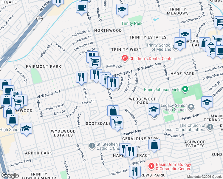 map of restaurants, bars, coffee shops, grocery stores, and more near 4310 Nelson Road in Midland