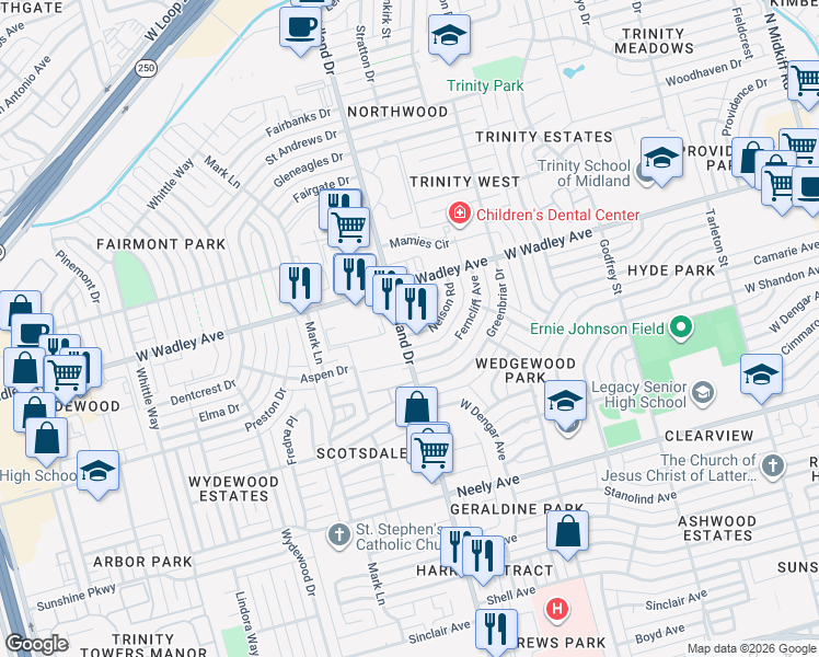 map of restaurants, bars, coffee shops, grocery stores, and more near 4310 Nelson Road in Midland