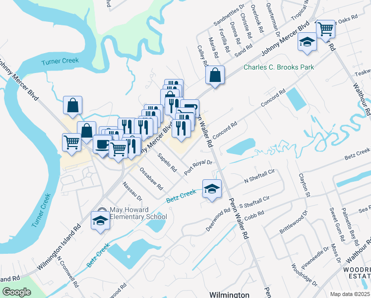 map of restaurants, bars, coffee shops, grocery stores, and more near 108 Wassaw Road in Savannah
