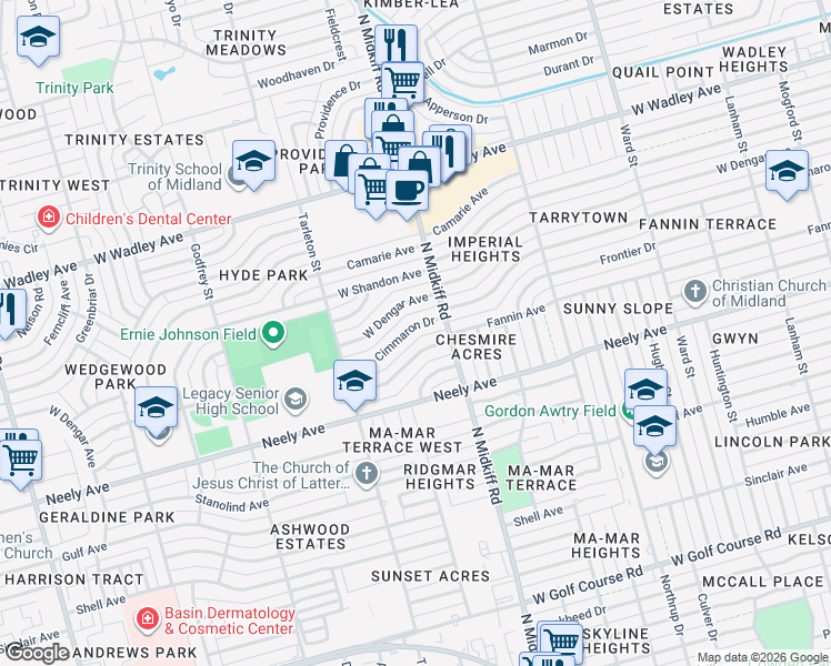 map of restaurants, bars, coffee shops, grocery stores, and more near 3309 Cimmaron Avenue in Midland