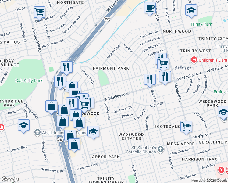 map of restaurants, bars, coffee shops, grocery stores, and more near 3304 Oakmont Drive in Midland