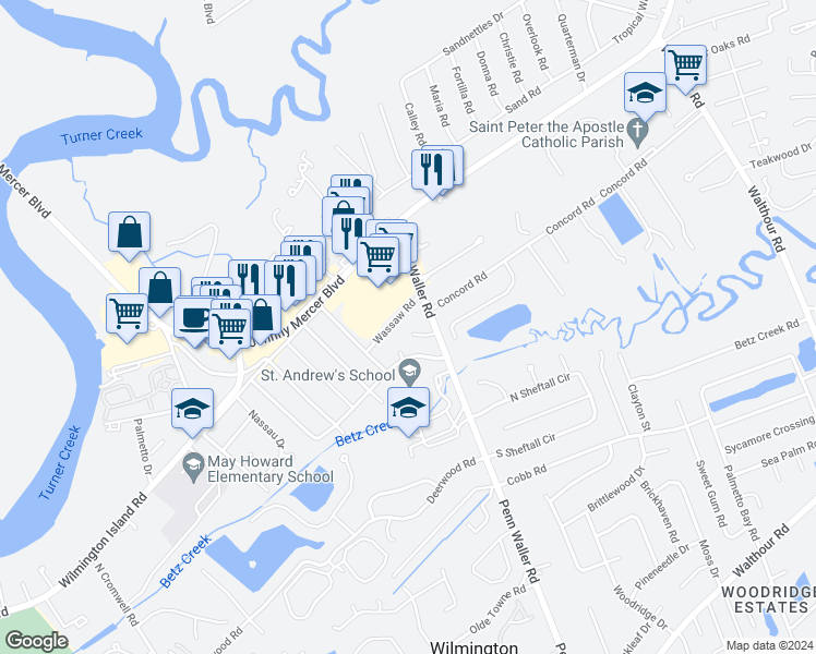 map of restaurants, bars, coffee shops, grocery stores, and more near 107 Penn Waller Cove in Savannah