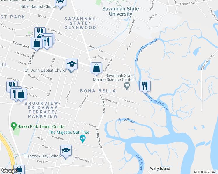map of restaurants, bars, coffee shops, grocery stores, and more near 2617 Livingston Avenue in Savannah