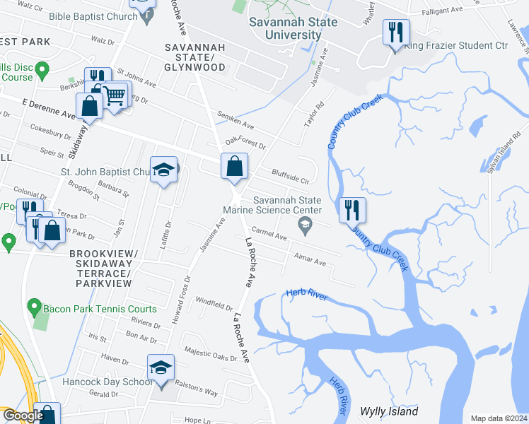 map of restaurants, bars, coffee shops, grocery stores, and more near 2619 Livingston Avenue in Savannah