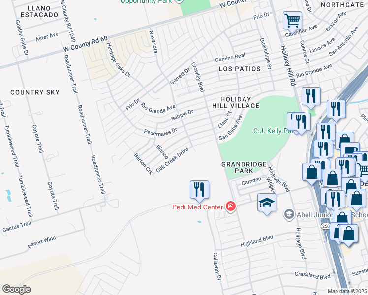 map of restaurants, bars, coffee shops, grocery stores, and more near 5903 Oak Creek Drive in Midland