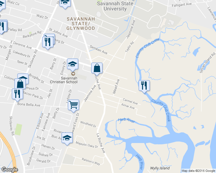 map of restaurants, bars, coffee shops, grocery stores, and more near 2617 Livingston Avenue in Savannah
