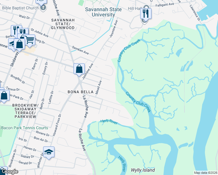 map of restaurants, bars, coffee shops, grocery stores, and more near 2720 Livingston Avenue in Savannah