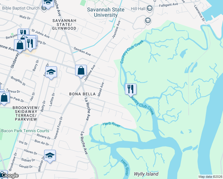 map of restaurants, bars, coffee shops, grocery stores, and more near 2720 Livingston Avenue in Savannah