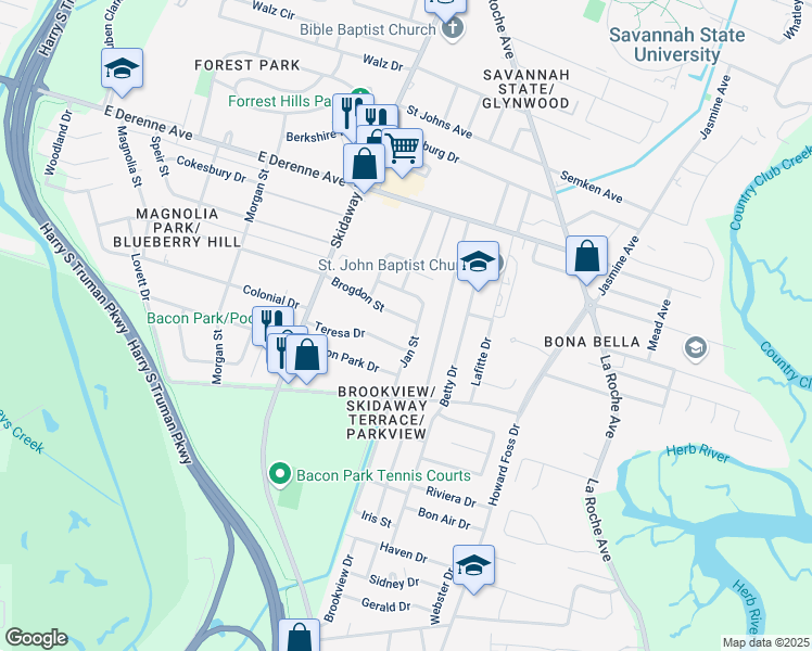 map of restaurants, bars, coffee shops, grocery stores, and more near 2159 Brogdon Street in Savannah