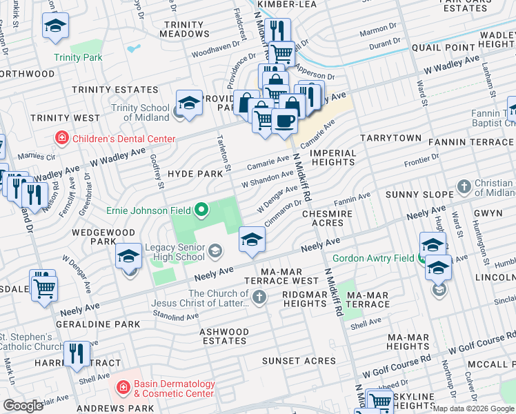 map of restaurants, bars, coffee shops, grocery stores, and more near 3323 West Dengar Avenue in Midland
