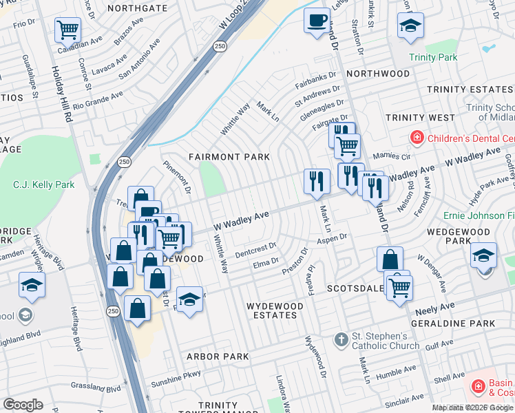 map of restaurants, bars, coffee shops, grocery stores, and more near 3301 Crestmont Drive in Midland