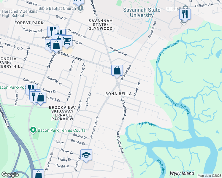 map of restaurants, bars, coffee shops, grocery stores, and more near 5505 Jasmine Avenue in Savannah