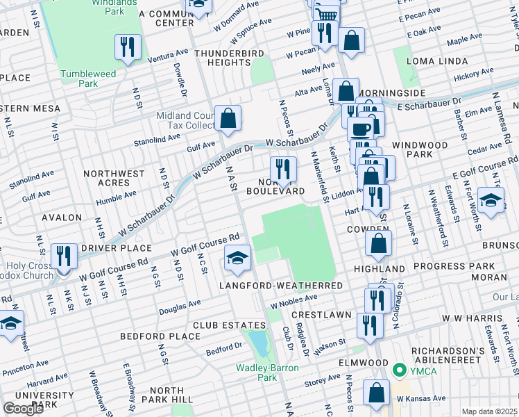 map of restaurants, bars, coffee shops, grocery stores, and more near 721 Boyd Avenue in Midland
