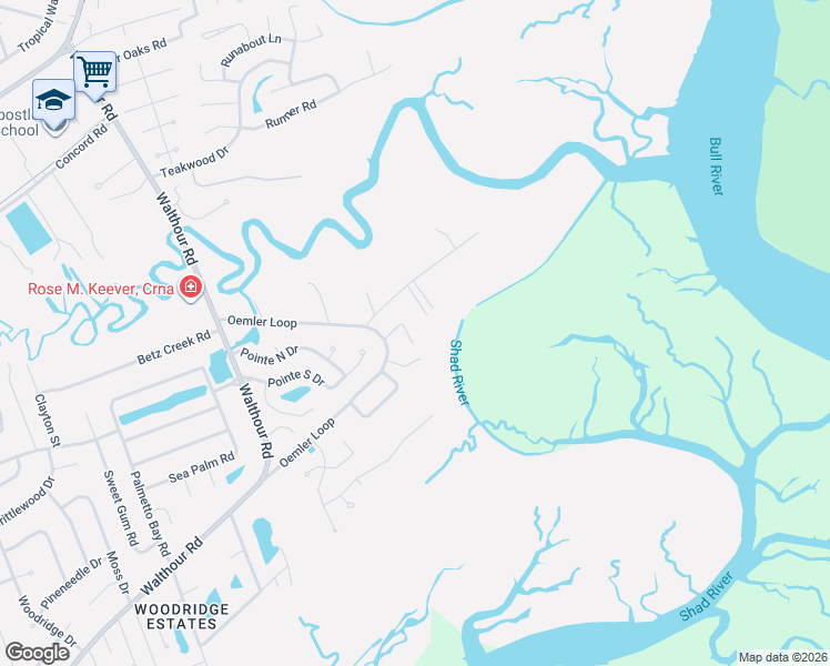 map of restaurants, bars, coffee shops, grocery stores, and more near 117 Blueleaf Court in Savannah