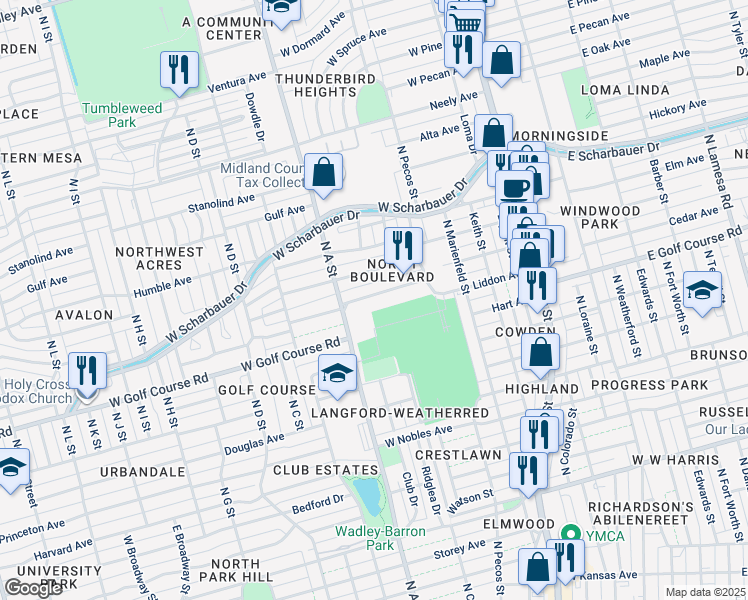 map of restaurants, bars, coffee shops, grocery stores, and more near 713 Boyd Avenue in Midland