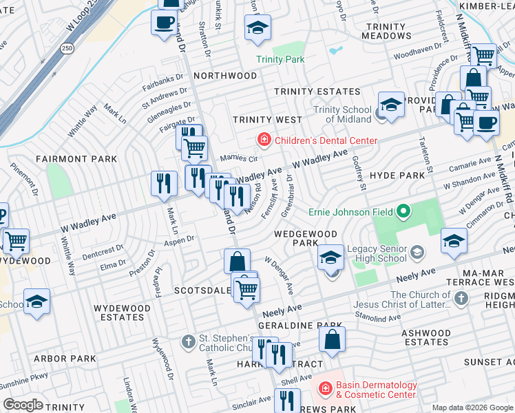 map of restaurants, bars, coffee shops, grocery stores, and more near 4305 Nelson Road in Midland
