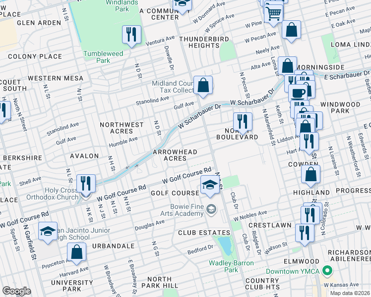 map of restaurants, bars, coffee shops, grocery stores, and more near 1000 Sinclair Avenue in Midland