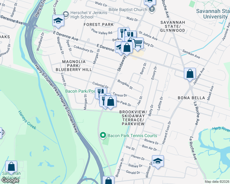 map of restaurants, bars, coffee shops, grocery stores, and more near 2106 Teresa Drive in Savannah
