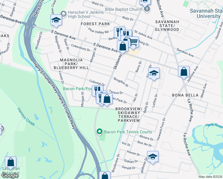 map of restaurants, bars, coffee shops, grocery stores, and more near 2106 Teresa Drive in Savannah