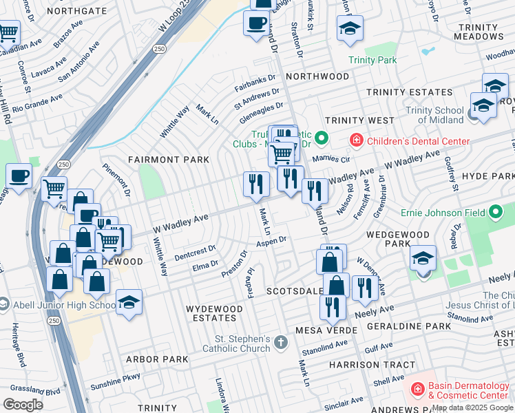 map of restaurants, bars, coffee shops, grocery stores, and more near 3237 Preston Drive in Midland