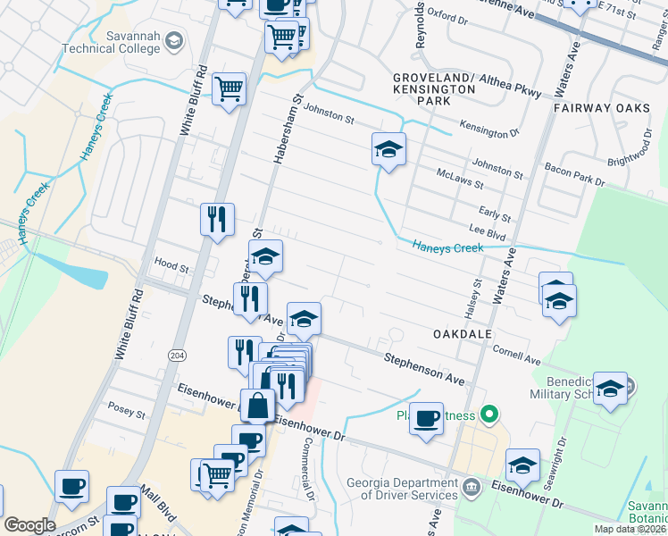 map of restaurants, bars, coffee shops, grocery stores, and more near 309 Megan Court in Savannah