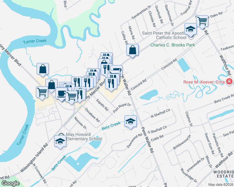 map of restaurants, bars, coffee shops, grocery stores, and more near 108 Wassaw Road in Savannah