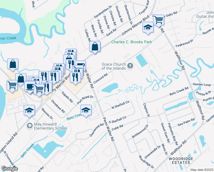 map of restaurants, bars, coffee shops, grocery stores, and more near 21 Angel Oaks Drive in Savannah