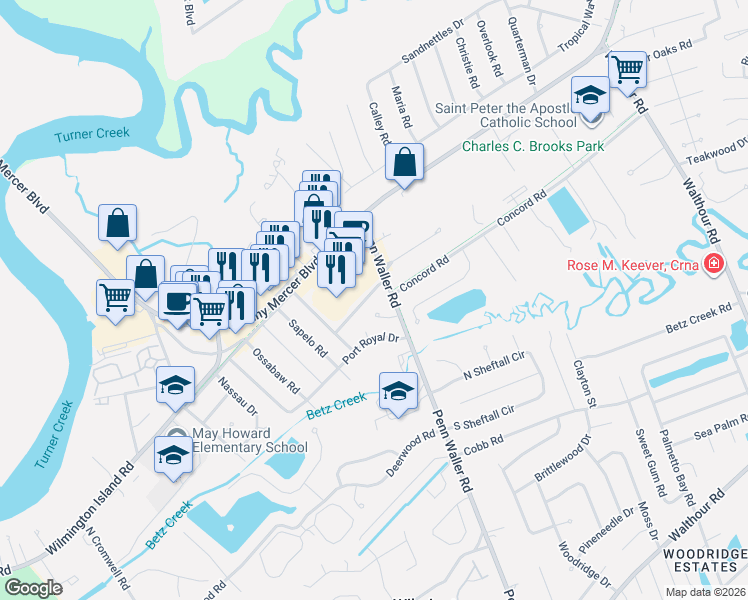 map of restaurants, bars, coffee shops, grocery stores, and more near 103 Penn Waller Cove in Wilmington Island