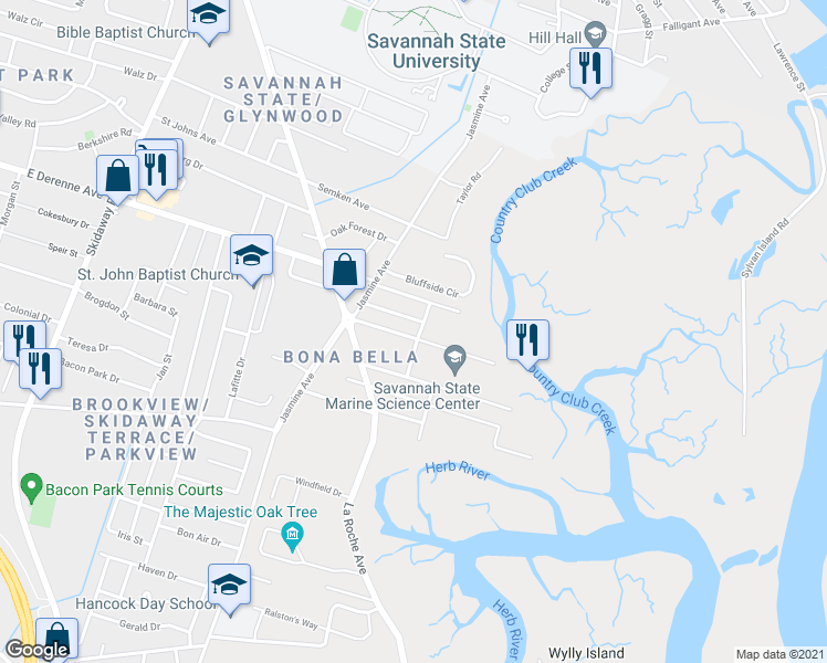 map of restaurants, bars, coffee shops, grocery stores, and more near 2628 Livingston Avenue in Savannah