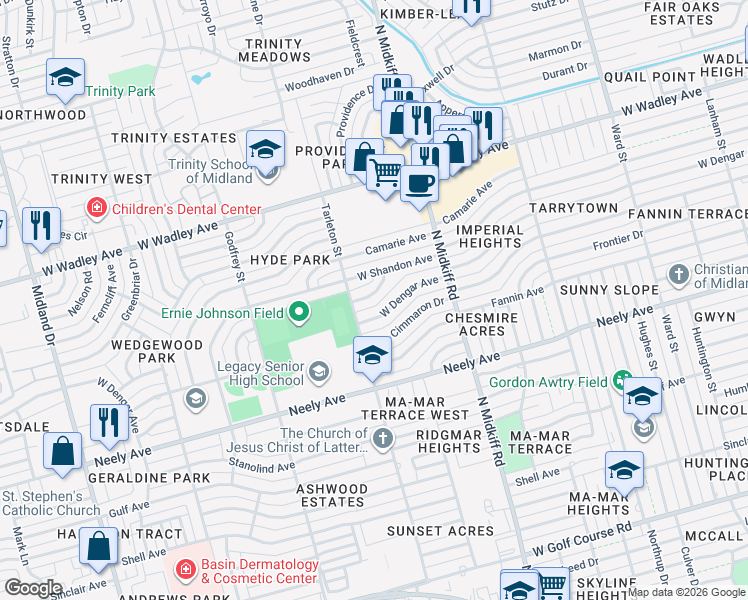map of restaurants, bars, coffee shops, grocery stores, and more near 3000-3006 Tarleton Street in Midland