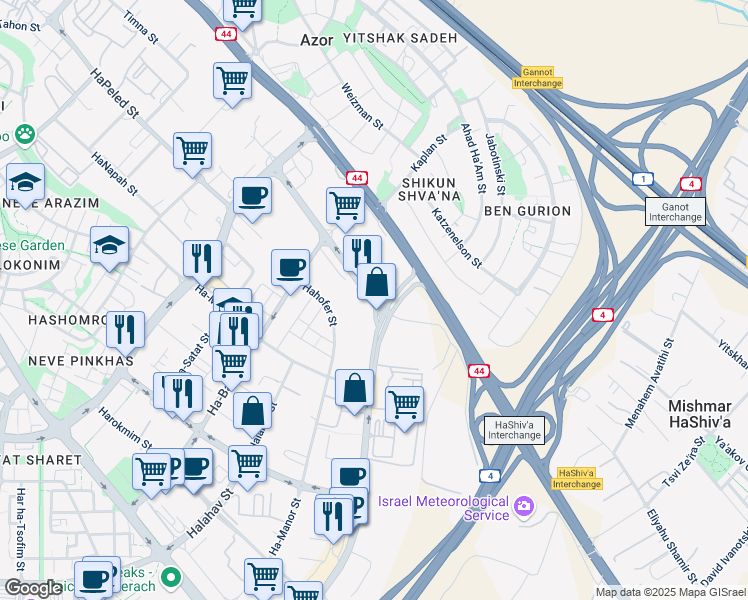 map of restaurants, bars, coffee shops, grocery stores, and more near in Holon