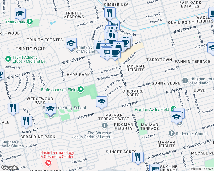 map of restaurants, bars, coffee shops, grocery stores, and more near 3323 West Dengar Avenue in Midland