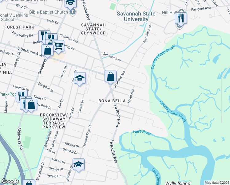 map of restaurants, bars, coffee shops, grocery stores, and more near 5431 La Roche Avenue in Savannah