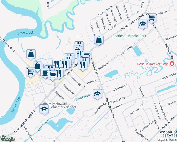 map of restaurants, bars, coffee shops, grocery stores, and more near 108 Wassaw Road in Savannah