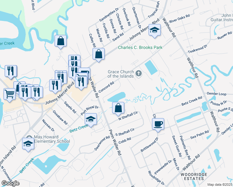 map of restaurants, bars, coffee shops, grocery stores, and more near 21 Angel Oaks Drive in Savannah
