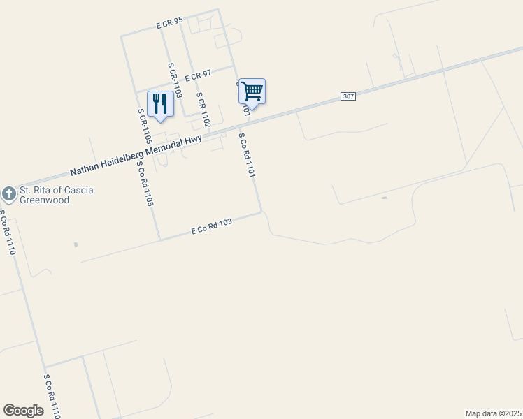 map of restaurants, bars, coffee shops, grocery stores, and more near 8400-8418 East Co Road 103 in Midland