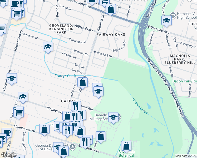map of restaurants, bars, coffee shops, grocery stores, and more near 1130 Meridian Drive in Savannah