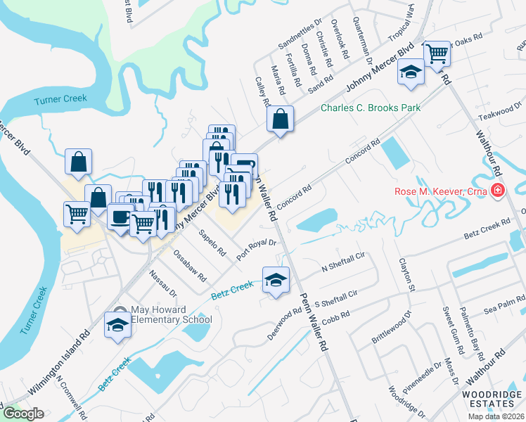 map of restaurants, bars, coffee shops, grocery stores, and more near 103 Penn Waller Cove in Wilmington Island